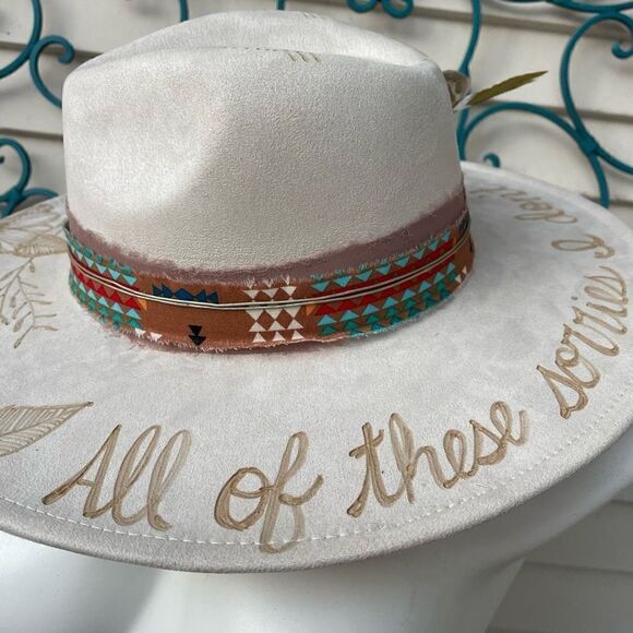 Hand Burned Hat | Wide Brim Hat | Branded Hat | wildflowers faux suede hat | All main image 7